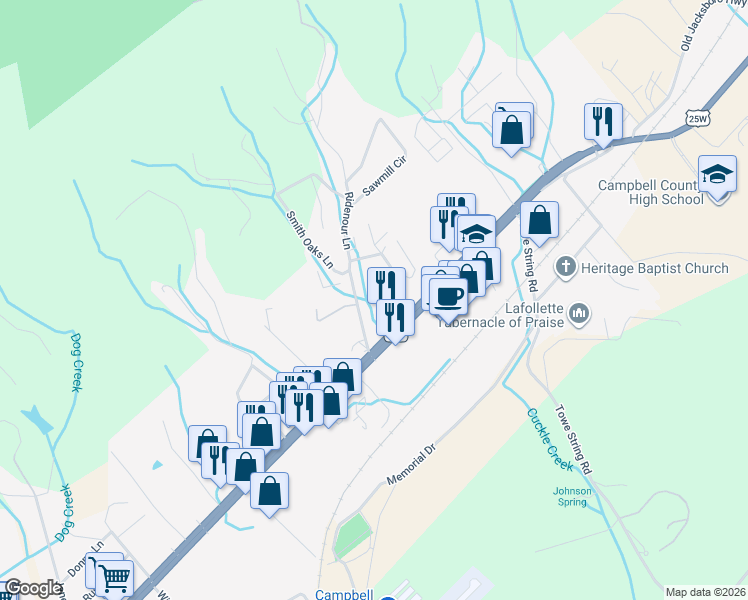 map of restaurants, bars, coffee shops, grocery stores, and more near 200 Ellison Road in LaFollette
