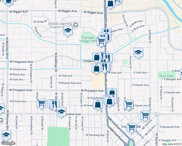 map of restaurants, bars, coffee shops, grocery stores, and more near 2025 North Dinuba Boulevard in Visalia