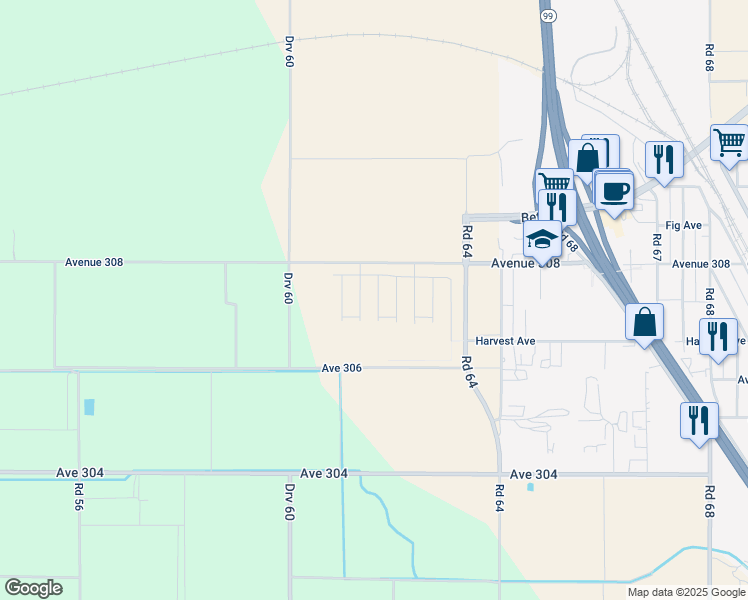 map of restaurants, bars, coffee shops, grocery stores, and more near 6257 Avenue 308 in Visalia