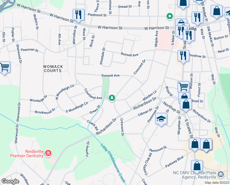 map of restaurants, bars, coffee shops, grocery stores, and more near 838 Crescent Drive in Reidsville