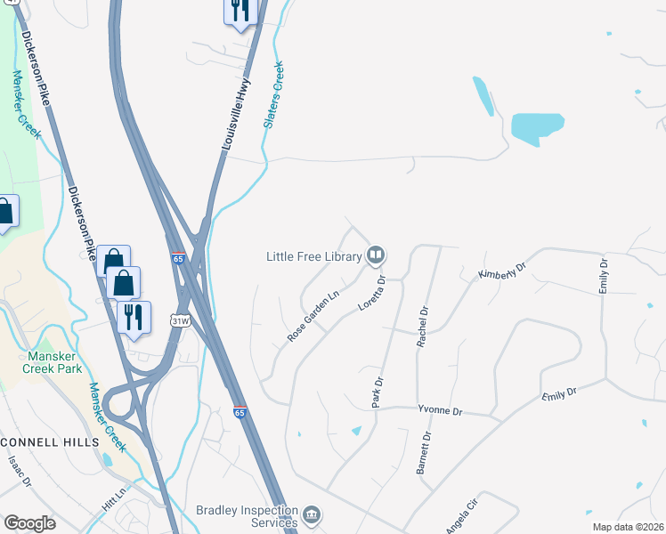 map of restaurants, bars, coffee shops, grocery stores, and more near 103 Lance Park Circle in Goodlettsville
