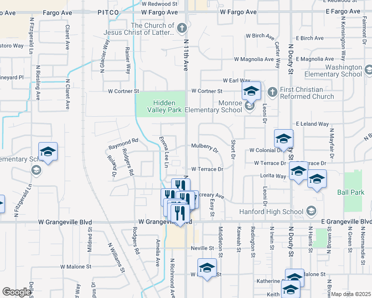 map of restaurants, bars, coffee shops, grocery stores, and more near North 11th Avenue in Hanford