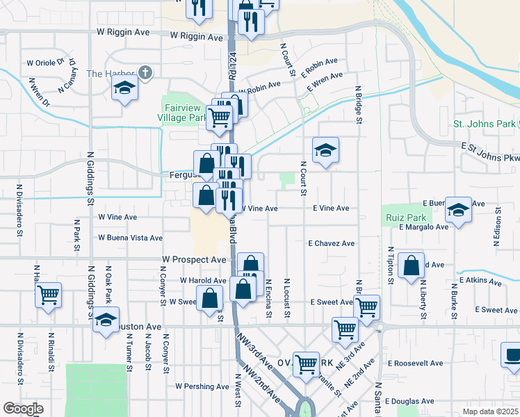 map of restaurants, bars, coffee shops, grocery stores, and more near 316 W Vine Ave in Visalia
