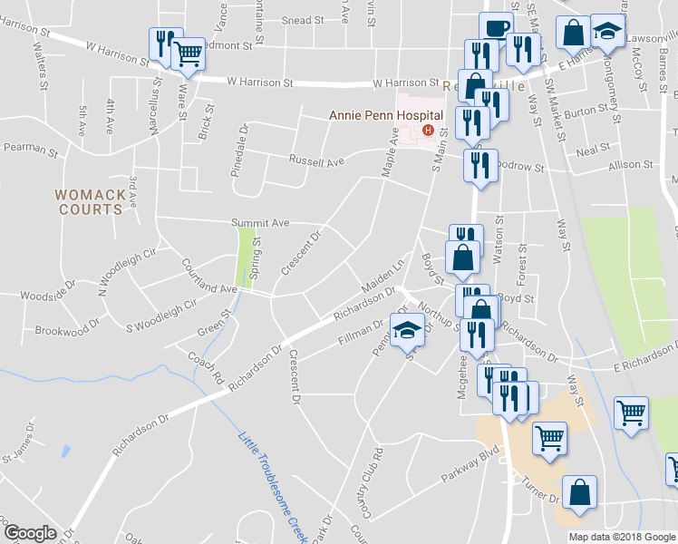 map of restaurants, bars, coffee shops, grocery stores, and more near 907 Courtland Avenue in Reidsville