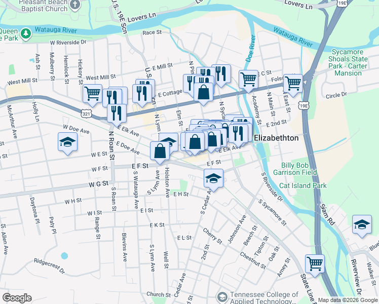 map of restaurants, bars, coffee shops, grocery stores, and more near 401 East Elk Avenue in Elizabethton
