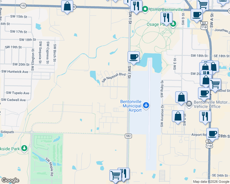 map of restaurants, bars, coffee shops, grocery stores, and more near 2612 Southwest Livingston Square in Bentonville