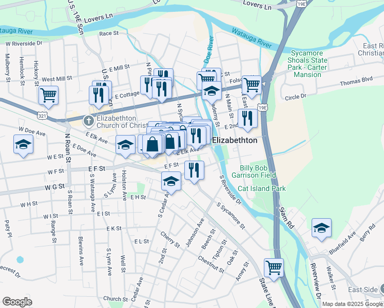 map of restaurants, bars, coffee shops, grocery stores, and more near 602 East Elk Avenue in Elizabethton
