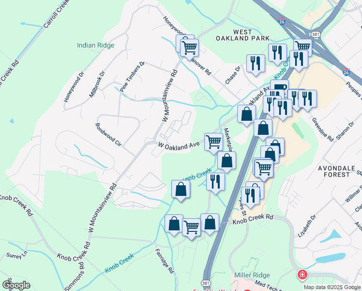 map of restaurants, bars, coffee shops, grocery stores, and more near 1084 West Oakland Avenue in Johnson City