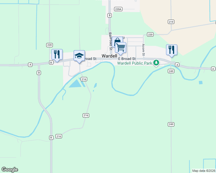 map of restaurants, bars, coffee shops, grocery stores, and more near in Wardell