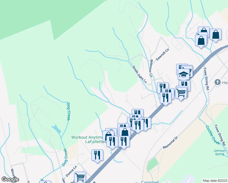 map of restaurants, bars, coffee shops, grocery stores, and more near 464 Wheeler Lane in LaFollette