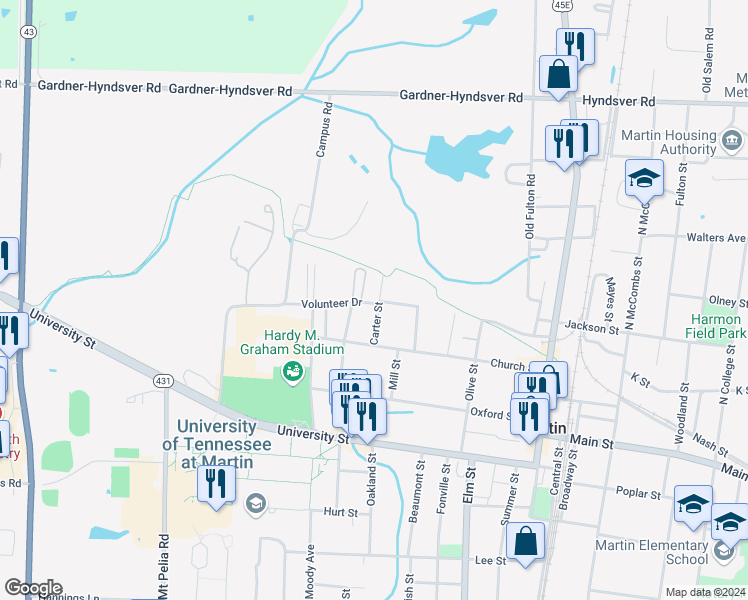 map of restaurants, bars, coffee shops, grocery stores, and more near 103 Volunteer Drive in Martin
