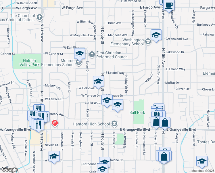 map of restaurants, bars, coffee shops, grocery stores, and more near 2002 North Woodridge Way in Hanford