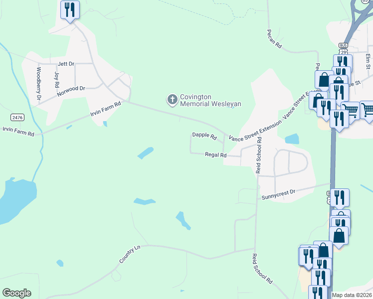 map of restaurants, bars, coffee shops, grocery stores, and more near 2821 Regal Road in Reidsville