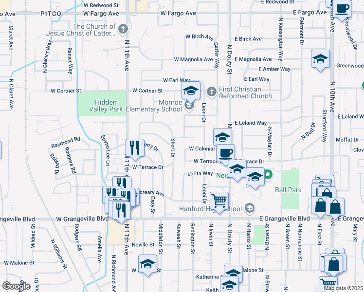 map of restaurants, bars, coffee shops, grocery stores, and more near 240 West Colonial Drive in Hanford