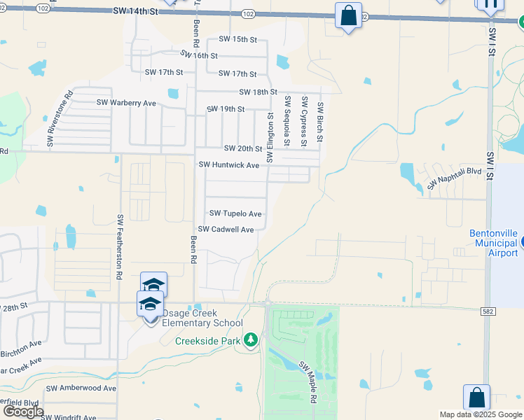 map of restaurants, bars, coffee shops, grocery stores, and more near 2200 Southwest Tupelo Avenue in Bentonville