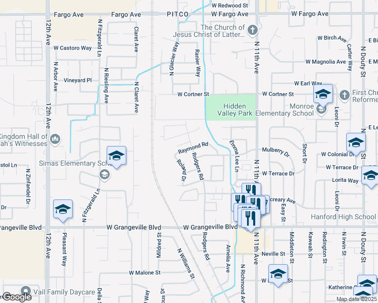 map of restaurants, bars, coffee shops, grocery stores, and more near 2036 Rodgers Road in Hanford