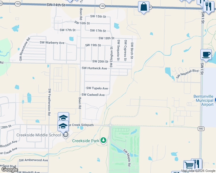 map of restaurants, bars, coffee shops, grocery stores, and more near 2200 Southwest Tupelo Avenue in Bentonville