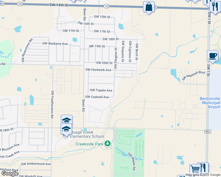 map of restaurants, bars, coffee shops, grocery stores, and more near 2200 Southwest Tupelo Avenue in Bentonville