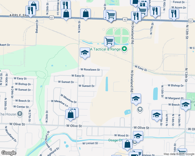 map of restaurants, bars, coffee shops, grocery stores, and more near 1213 North 22nd Place in Rogers