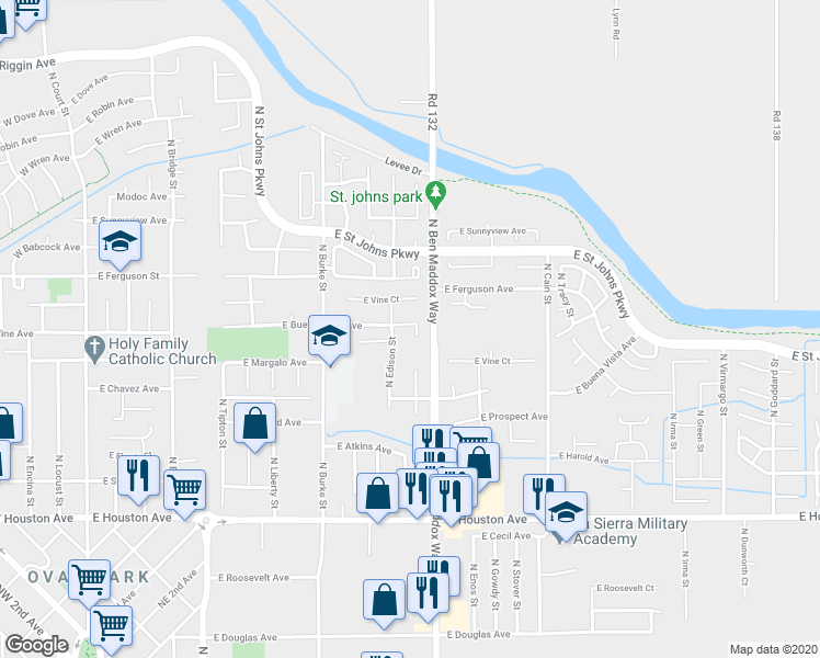 map of restaurants, bars, coffee shops, grocery stores, and more near 2043 North Charter Oak Court in Visalia