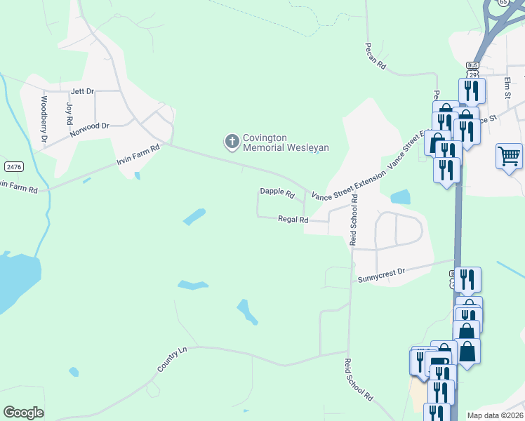 map of restaurants, bars, coffee shops, grocery stores, and more near 2821 Regal Road in Reidsville