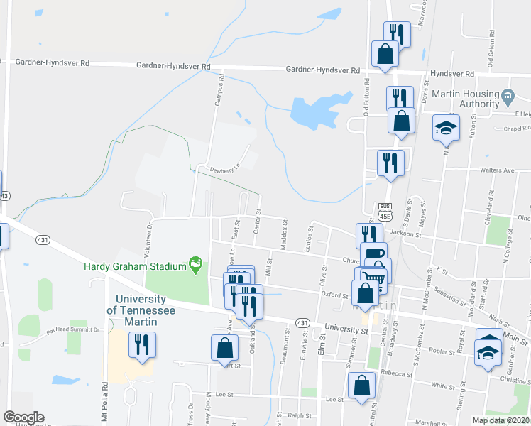map of restaurants, bars, coffee shops, grocery stores, and more near 103 Volunteer Street in Martin