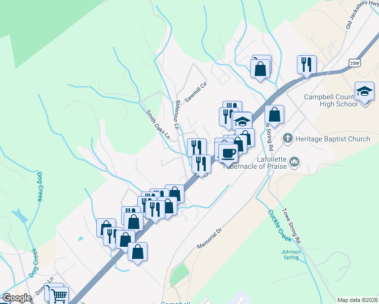 map of restaurants, bars, coffee shops, grocery stores, and more near 200 Ellison Road in LaFollette
