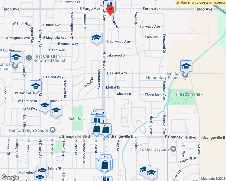 map of restaurants, bars, coffee shops, grocery stores, and more near 2016 Mary-Rose Lane in Hanford