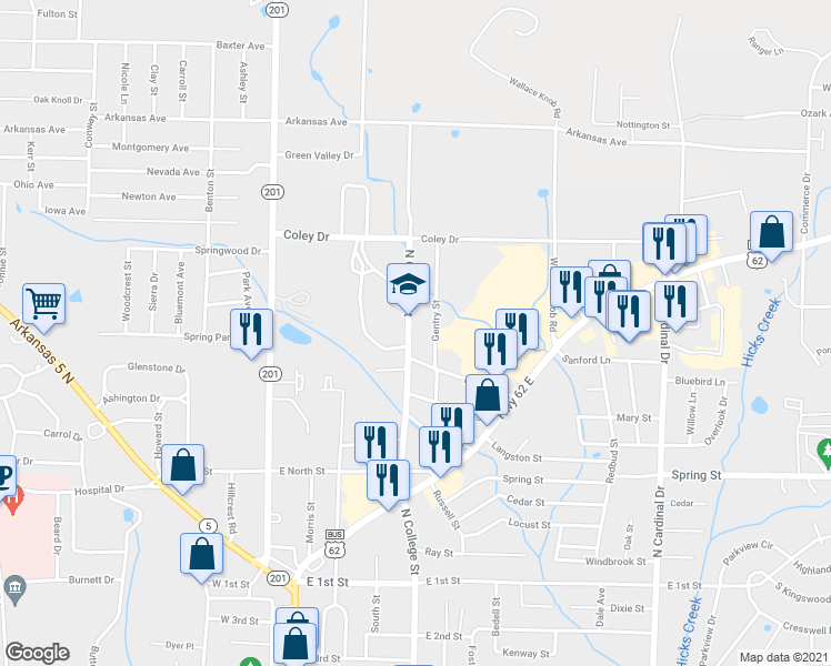 map of restaurants, bars, coffee shops, grocery stores, and more near 605 North College Street in Mountain Home