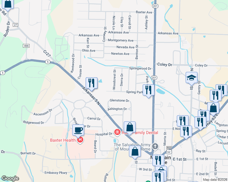 map of restaurants, bars, coffee shops, grocery stores, and more near 599 Spring Park Drive in Mountain Home