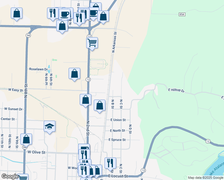 map of restaurants, bars, coffee shops, grocery stores, and more near 1516 N B St in Rogers