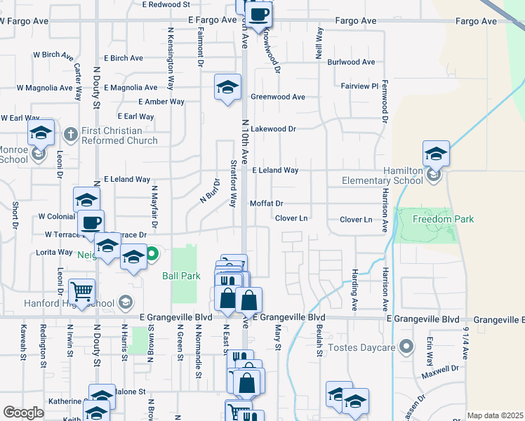 map of restaurants, bars, coffee shops, grocery stores, and more near 2011 Parker Place in Hanford