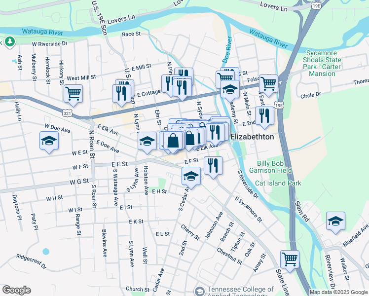 map of restaurants, bars, coffee shops, grocery stores, and more near 441 East Elk Avenue in Elizabethton