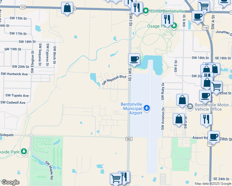 map of restaurants, bars, coffee shops, grocery stores, and more near 2612 Southwest Livingston Square in Bentonville
