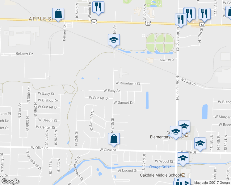 map of restaurants, bars, coffee shops, grocery stores, and more near 1211 North 24th Street in Rogers