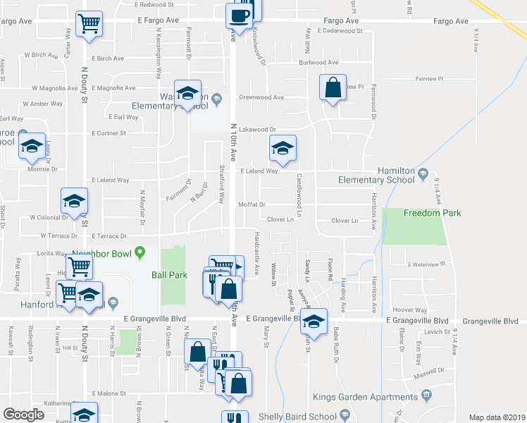 map of restaurants, bars, coffee shops, grocery stores, and more near 2015 Mary-Rose Lane in Hanford