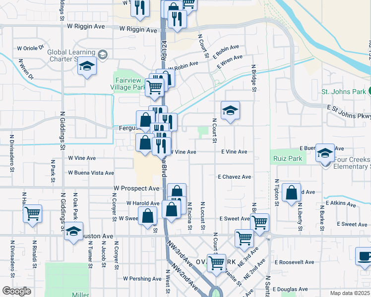 map of restaurants, bars, coffee shops, grocery stores, and more near 316 West Vine Avenue in Visalia