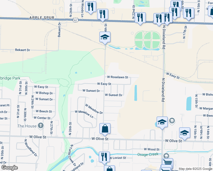 map of restaurants, bars, coffee shops, grocery stores, and more near 1211 North 24th Street in Rogers