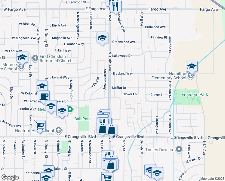 map of restaurants, bars, coffee shops, grocery stores, and more near 2012 Parker Place in Hanford