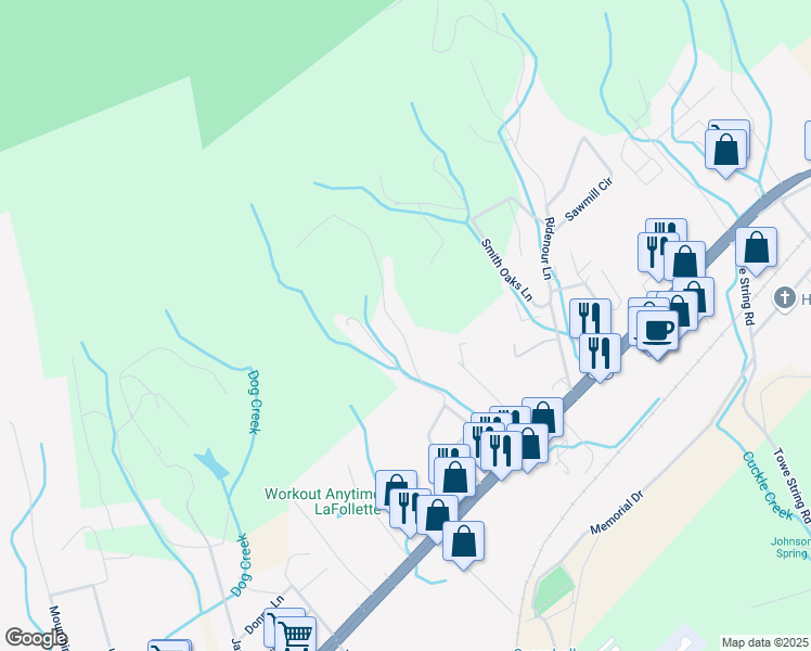 map of restaurants, bars, coffee shops, grocery stores, and more near 464 Wheeler Lane in LaFollette