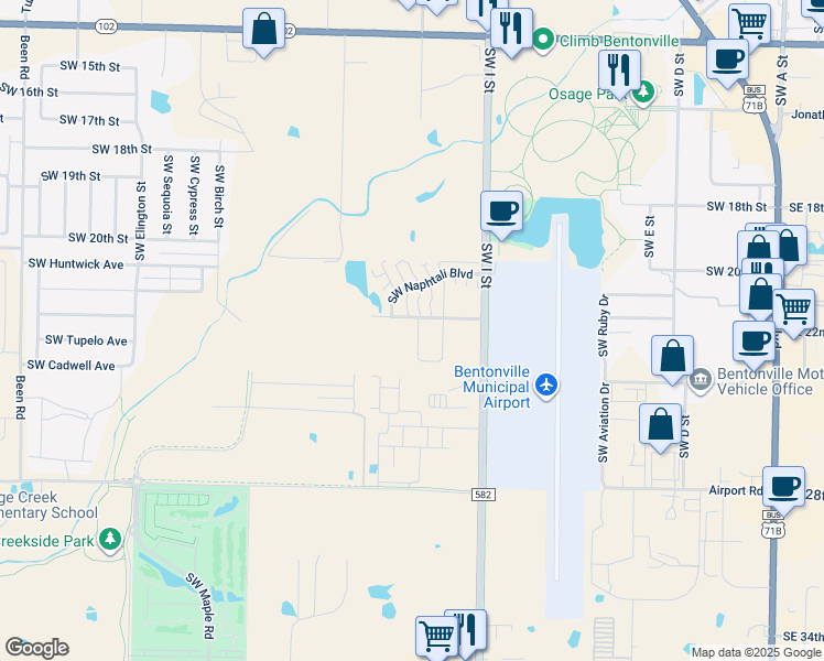 map of restaurants, bars, coffee shops, grocery stores, and more near 2733 Southwest Livingston Square in Bentonville