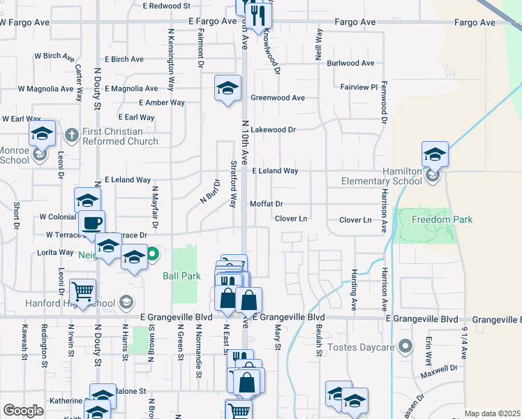map of restaurants, bars, coffee shops, grocery stores, and more near 2016 Mary-Rose Lane in Hanford