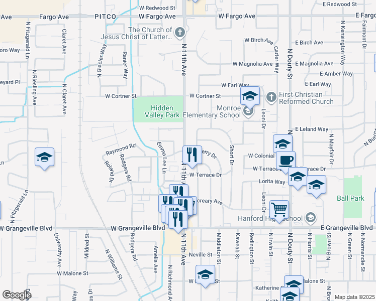 map of restaurants, bars, coffee shops, grocery stores, and more near 2045 Mulberry Drive in Hanford