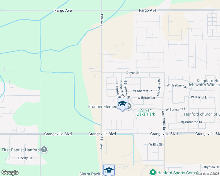 map of restaurants, bars, coffee shops, grocery stores, and more near 8751 13th Avenue in Hanford