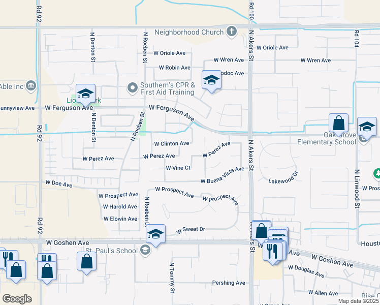 map of restaurants, bars, coffee shops, grocery stores, and more near 5650 West Perez Avenue in Visalia