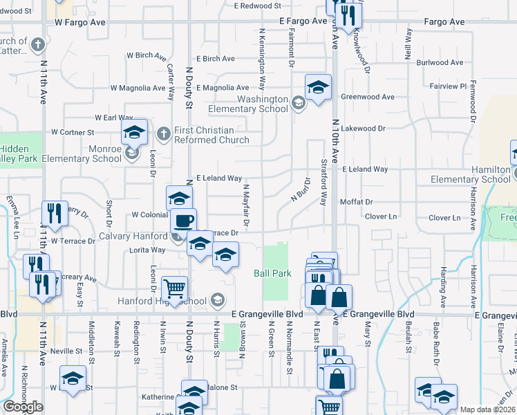 map of restaurants, bars, coffee shops, grocery stores, and more near 2006 North Kensington Way in Hanford