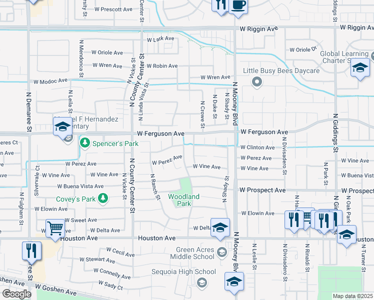 map of restaurants, bars, coffee shops, grocery stores, and more near 2108 North Woodland Street in Visalia