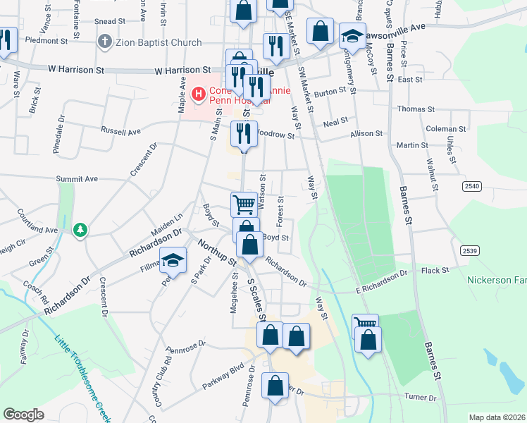 map of restaurants, bars, coffee shops, grocery stores, and more near 911 Watson Street in Reidsville