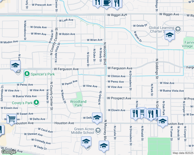 map of restaurants, bars, coffee shops, grocery stores, and more near 2227 West Clinton Avenue in Visalia