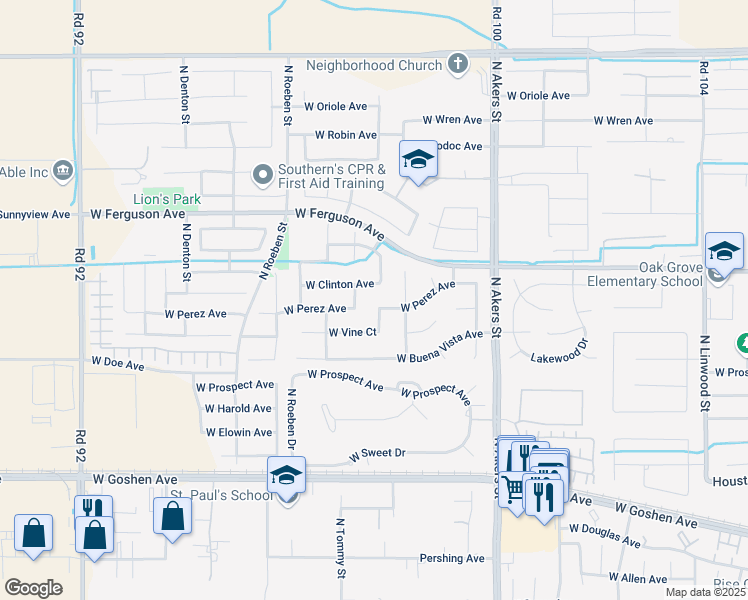 map of restaurants, bars, coffee shops, grocery stores, and more near 5650 West Perez Court in Visalia